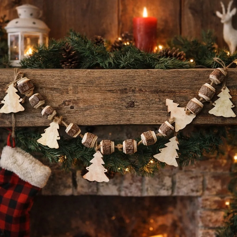 Wood Christmas tree garland 6 feet long rustic NEW NWT